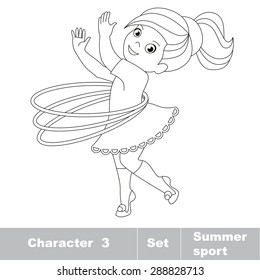 Page to be color. One baby girl turns the Hoop. Summer outdoor games for children. Kids summer sport.