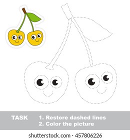 Page to be traced. Easy educational kid game. Simple game level. Gaming and education. Tracing worksheet for Yellow Cherry.