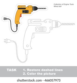 Page to be traced. Easy educational kid game. Simple game level. Tracing worksheet for Electric Drill.