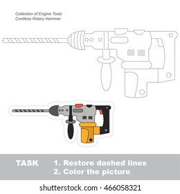 Page to be traced. Easy educational kid game. Simple game level. Object from set of Engine Tools. Tracing worksheet for Cordless Rotary Hammer