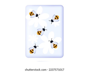 Page with bees 3d. Five insects on paper, flight, apiary. Educational sheet from notebook or album, fun cool picture for kids. Vector illustration with honey bee, spring time, nectar collection.