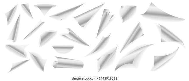 Page bent edges mega set in flat graphic design. Collection elements of different white curling papers corners effect, flipping book page folds, empty rolled document borders. Vector illustration.