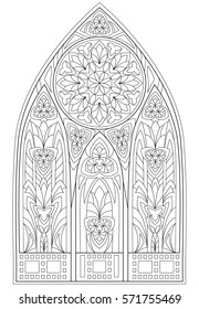 Page with black and white drawing of beautiful medieval Gothic window with stained glass and rose  for coloring. Worksheet for children and adults. Vector image.