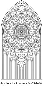 Page with black and white drawing of beautiful medieval Gothic window with stained glass and rose  for coloring. Worksheet for children and adults. Vector image.