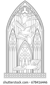 Page with black and white drawing of beautiful medieval Gothic window with stained glass and seagulls for coloring. Worksheet for children and adults. Vector image.