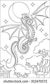 Page with black and white drawing of dragon for coloring. Developing children skills for drawing. Vector image.
