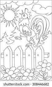 Page with black and white drawing of rooster for coloring. Developing children skills for drawing. Vector image.