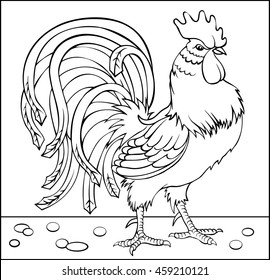 Page with black and white drawing of rooster for coloring. Developing children skills for drawing. Vector image.