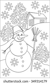 Page with black and white drawing of snowman for coloring. Developing children skills for drawing. Vector image.