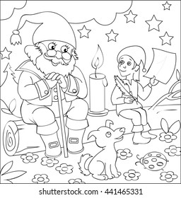 Page with black and white illustration of dwarfs for coloring. Developing children skills for drawing. Vector image.