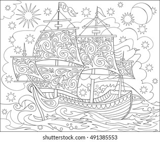 Page with black and white illustration of fantasy fairyland ship for coloring. Worksheet for children and adults. Vector image.