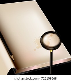 page of book with magnifier and pencil