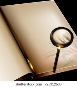 page of book with pen and magnifier