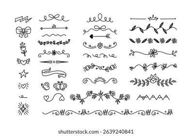 Page borders and dividers hand drawn doodle sketch set with charming symbols and decorations vector illustration. Cute floral, elegant filigree elements, swirls, romantic separation signs collection