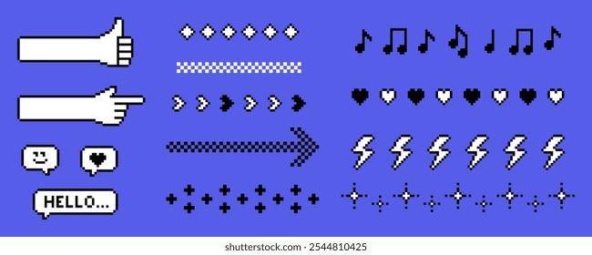 Page breaks design. Y2k pixel art text dividers set. Simple geometric line pattern with long arrow, star, emoji, music note and heart. Retro trendy brutal style. Game abstract editable vector elements