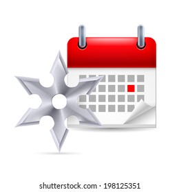 Page calendar with a marked red-letter day of the week. Near to shuriken