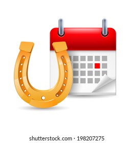 Page calendar with a marked red-letter day of the week. Near to horseshoe