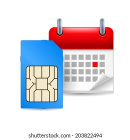 Page calendar with a marked red-letter day of the week. Near to sim-card