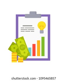 Page chart with money, set banknotes bills coins, document`s blank and electric bulb symbolizing idea, vector illustration isolated on white