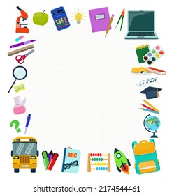 A page from a checkered notebook and school supplies. A school card with a place for text. Vector graphics.