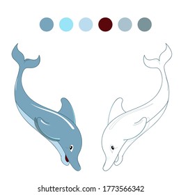 Page for children coloring book. Vector dolphin and set of paints. Vector illustration for print