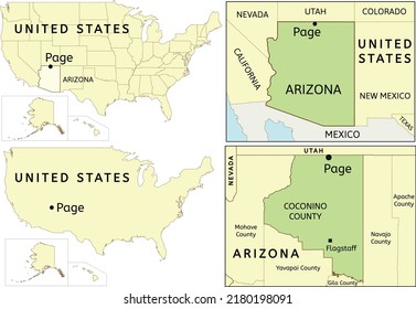 Page City Location On USA, Arizona State And Coconino County Map