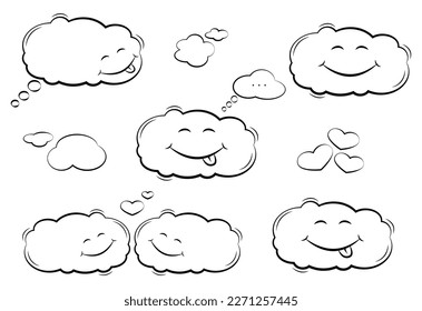 Сoloring page. Cloud character. Set of cartoon clouds. Speech bubbles. 