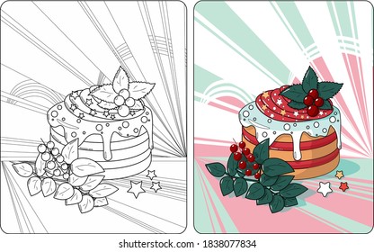 Сoloring page and colored design for coloring book: Cristmas cupcake with mint, stars and berries