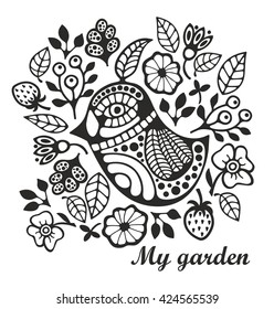 Page for coloring with bird and flowers. Creative vector illustration.