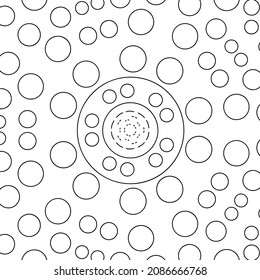 The page of the coloring book. Abstract geometric pattern of circles of different sizes. Beautiful relaxing black and white ornament. Vector illustration. Meditative drawing.
