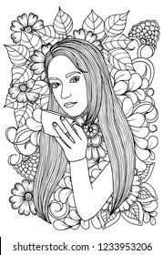 Page for coloring book. Beautiful woman and flowers.  Doodles in black and white