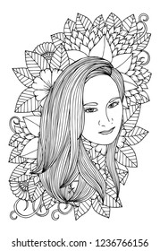 Page for coloring book. Beautiful woman and flowers.  Doodles in black and white