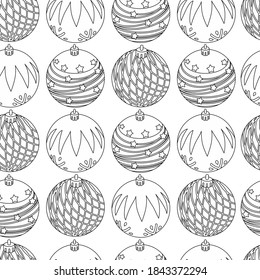 Сoloring page for coloring book in black and white. Seamless pattern of Christmas tree balls:  