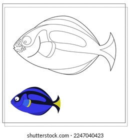 The page of the coloring book, blue fish. Color version and sketch. Coloring book for children. Vector