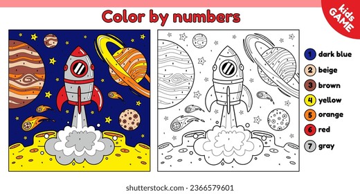 Page of the coloring book by numbers for kids. Cartoon space rocket launch. Spaceship takes off from the surface of the moon on the background of the planets, stars and comets. Vector outline design.