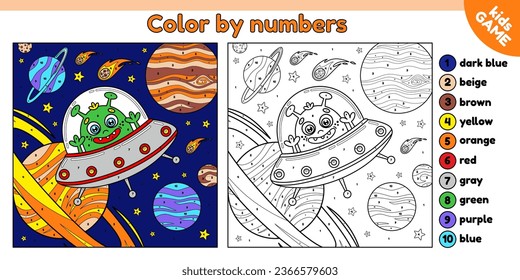 Página del libro de colorear por números para niños. Espacio de dibujos animados de color alienígena. Extraterrestre en platillo volador sobre el fondo de los planetas, estrellas y cometas. Ilustración del contorno del vector.