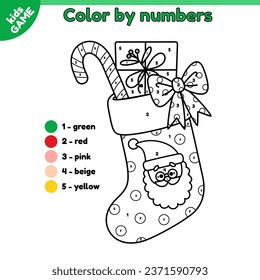Page of the coloring book by numbers for children with Christmas sock. Color cartoon holiday stocking. Educational activity for kids. Vector outline illustration of Xmas sock with gift and candy.
