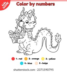 Página del libro de colorear por números para niños con lindo dragón de Navidad con bufanda. Dragón de vacaciones de dibujos animados a color con un regalo en patas. Rompecabezas para los niños. Ilustración del esquema vectorial del año nuevo símbolo