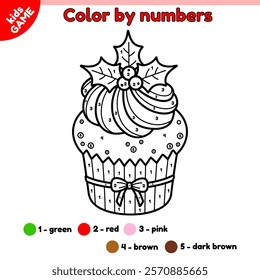 Page of the coloring book by numbers for children. Cartoon Christmas cupcake with cream decorated mistletoe. Color the contour Xmas bundt cake. Kids activity book. Baby vector outline illustration.