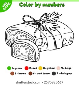 Page of the coloring book by numbers for children. Cartoon German Christmas cake stollen. Color the contour traditional Xmas sweet fruit bread. Kids activity book. Baby vector outline illustration.