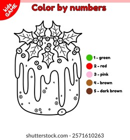 Page of the coloring book by numbers for children. Cartoon Christmas bundt cake in glaze decorated mistletoe. Color the contour holiday baking. Kids activity book. Baby vector outline illustration.