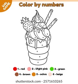 Page of the coloring book by numbers for children. Trdelnik is traditional Czech street food. Trdlo with cream, chocolate glaze. Kids activity book. Color the outline picture. Baby vector illustration