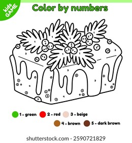 Page of the coloring book by numbers for children. Cartoon Christmas bundt cake decorated mistletoe. Color the contour Xmas baking. Kids holiday activities book. Baby vector outline illustration.