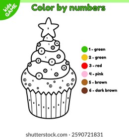 Page of the coloring book by numbers for children. Cartoon Christmas cupcake with Xmas tree shaped cream and decorated star. Color the contour holiday baking. Kids activities book. Baby vector outline