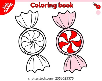 Page of coloring book. Cartoon Christmas striped red candy. Color the contour Xmas caramel. Activities book for preschool and school children. Baby vector outline illustration of the New Year lollipop