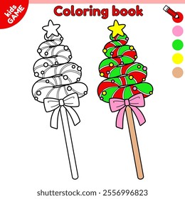 Page of coloring book. Cartoon holiday Christmas striped lollipop. Color the contour Xmas caramel. New Year activities book for preschool and school children. Baby vector outline illustration.