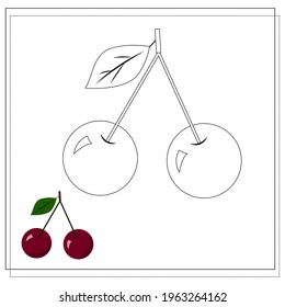 Page of the coloring book, cherry. Color version and sketch. Coloring book for kids. Vector