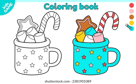 Page of coloring book for children with christmas cocoa mug. Cartoon holiday cup with stars. New Year drink with gingerbread, marshmallow and candy cane. Color outline picture. Kids vector design.