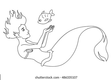 page for coloring book for children, with mermaid, who plays with fish