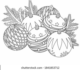 Сoloring page for coloring book: Christmas tree balls with berries, star and tree